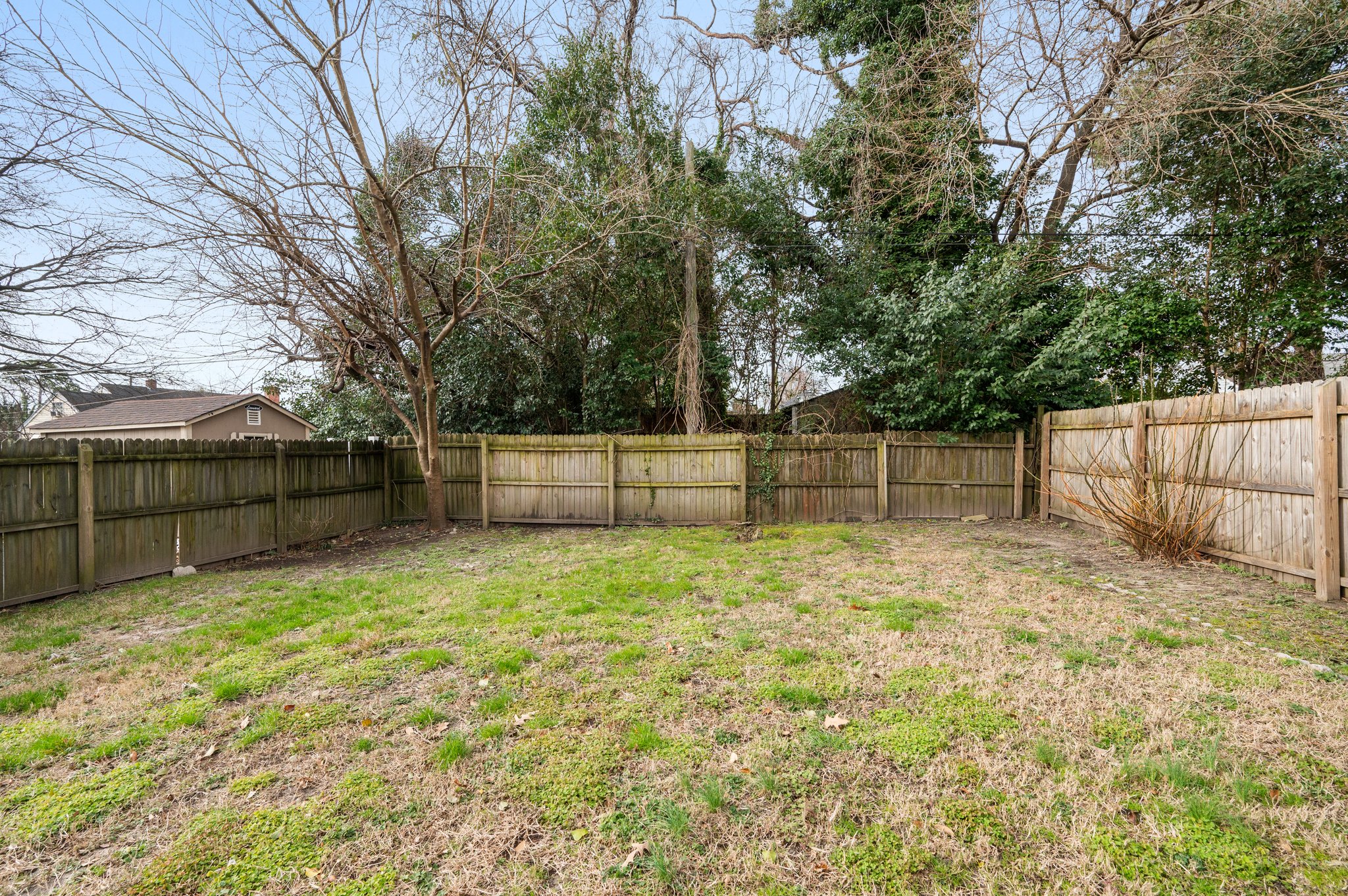 Spacious backyard with wooden fencing and mature trees for privacy.